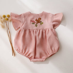 Powder Linen Flounce Sleeve Bubble Playsuit with “Squirrel on the Berry Branch” Embroidery