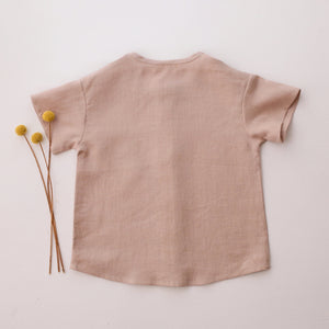 Beige Linen Short Sleeve Buttoned Top with Curved Hemline with "Mushrooms" Embroidery