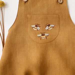 Mustard Linen Front Pocket Straps Romper with "3 Bumblebees" Embroidery