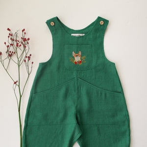 Emerald Green Linen Oversized Look Overalls with "Christmas Fox" Embroidery