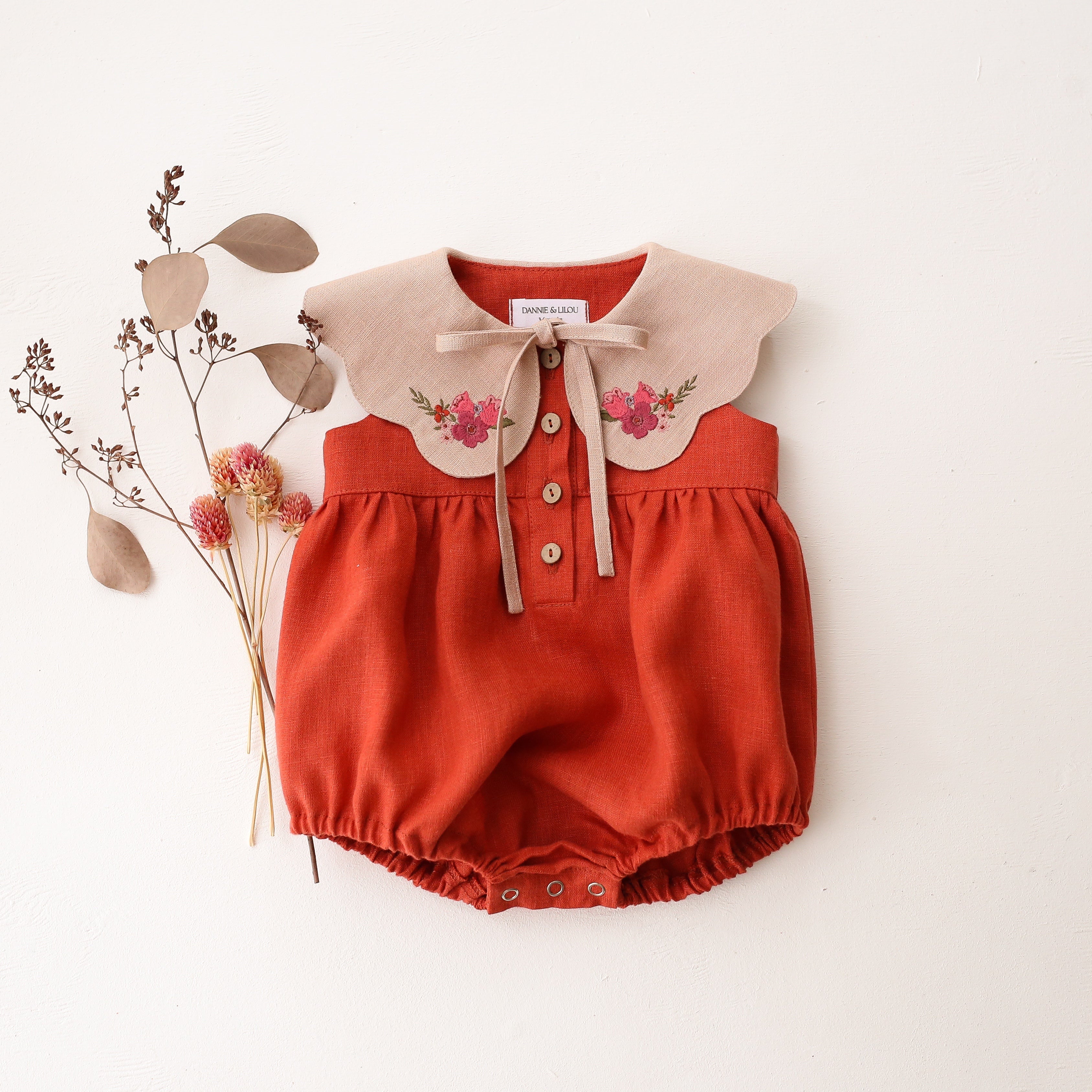 Paprika Linen Bubble Playsuit with Petal Collar in Beige Linen with "Mini Flowers" Embroidery