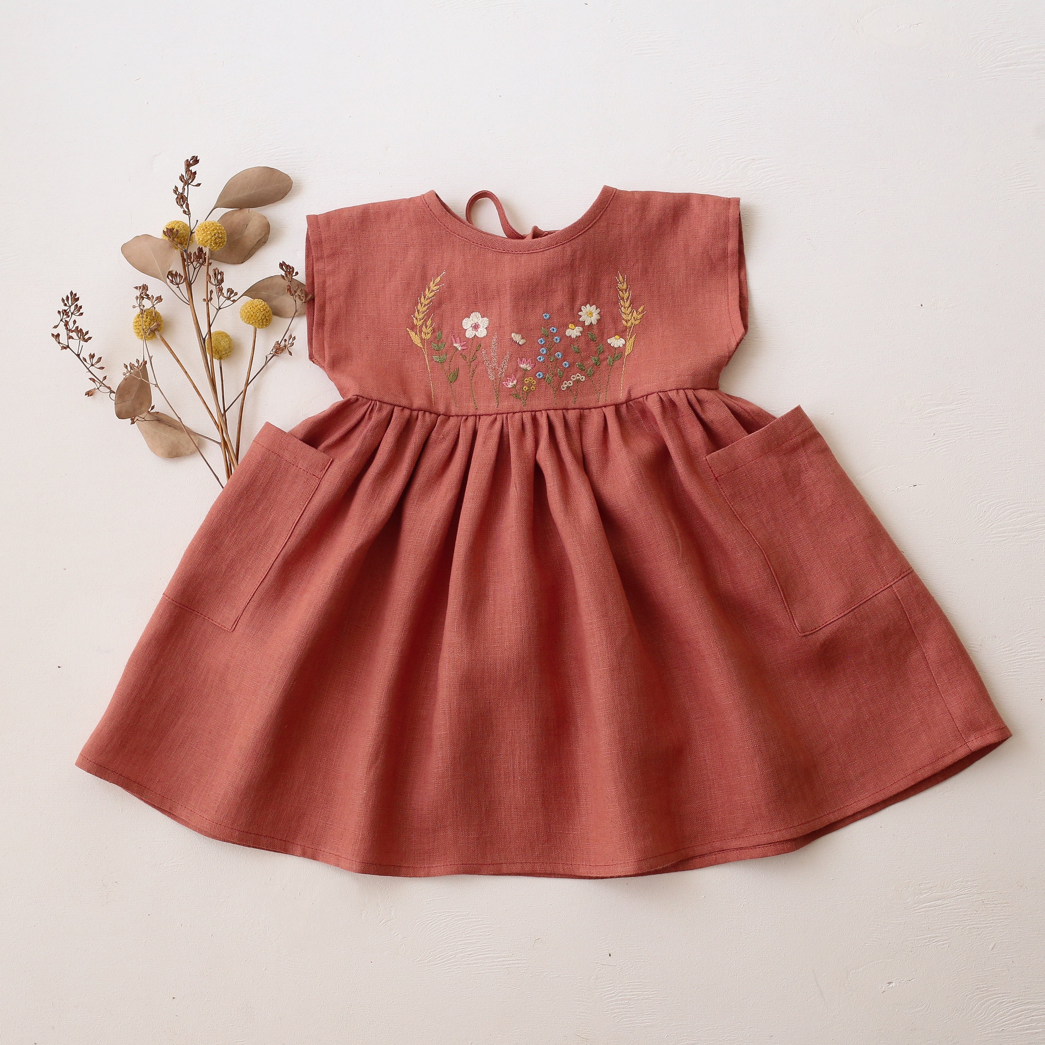 Rose Bouquet Linen Dolman Style Dress with “Wheat Flower Field” Embroidery