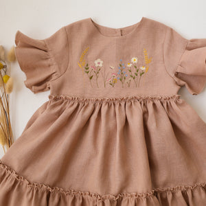 Clay Linen Flounce Sleeve Tiered Dress with "Wheat Flower Field" Embroidery