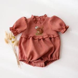 Rose Bouquet Linen Short Sleeve Frills Bubble Playsuit with "Squirrel with Snowdrop" Embroidery