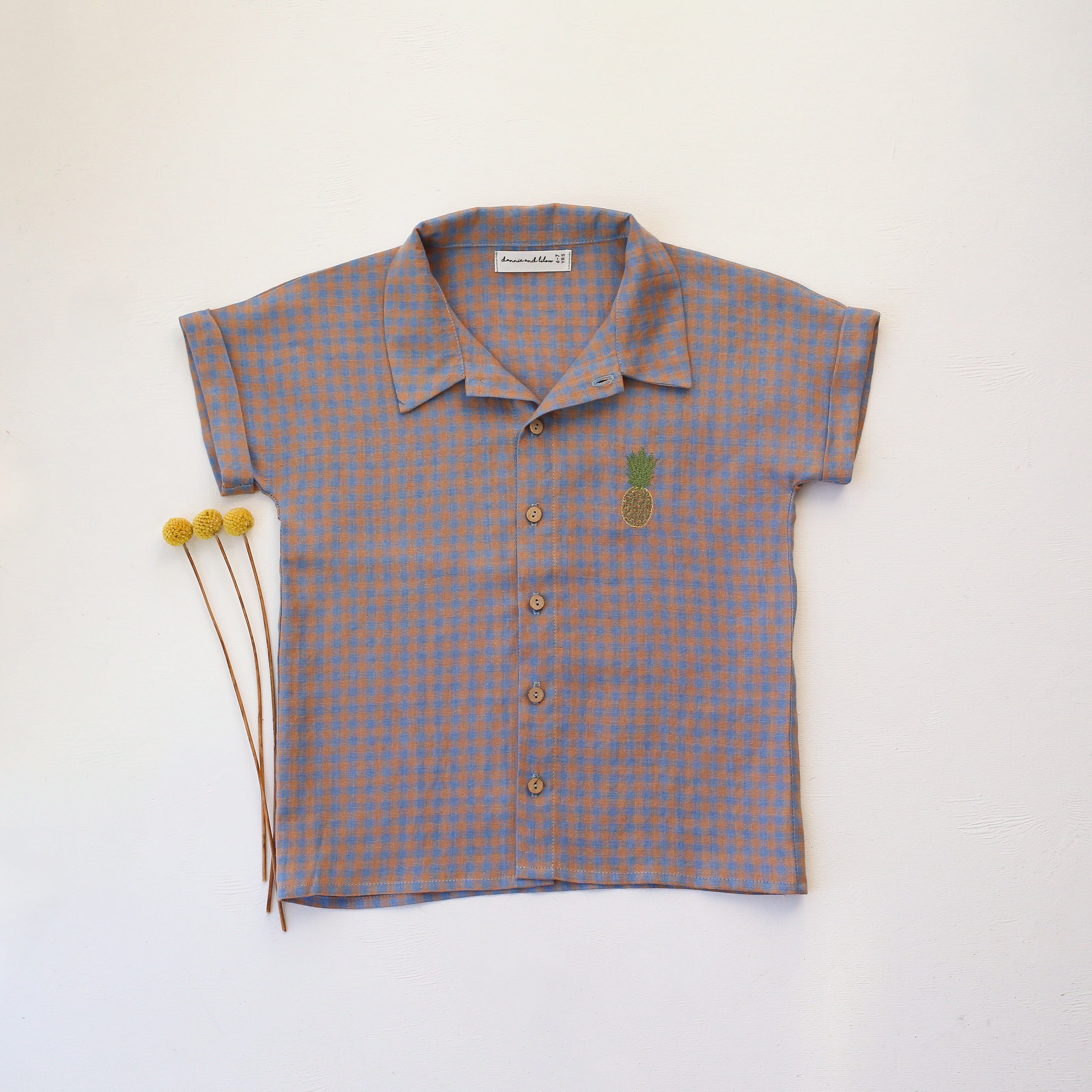 Blue & Peach Gingham Linen Cuffed Shirt with “Pineapple” Embroidery