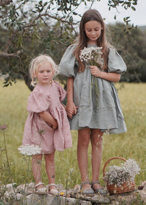 Green Smoke Linen Puff Sleeve Dress