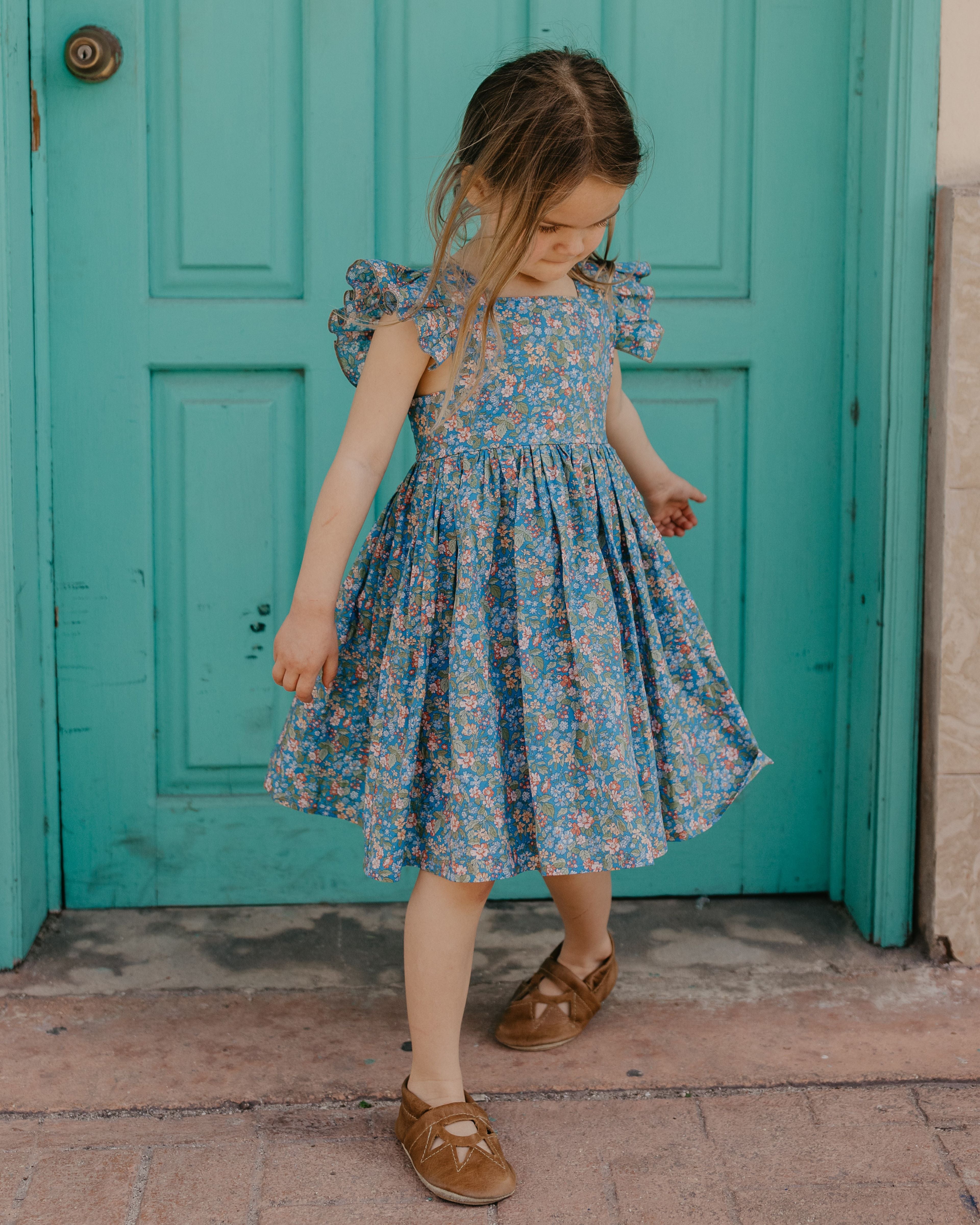 Flutter Sleeve Square Neckline Dress in Hedgerow Ramble Liberty Print