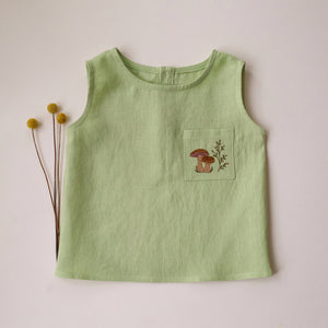 Spring Green Linen Relaxed Fit Tank Top with "Mushrooms" Embroidery