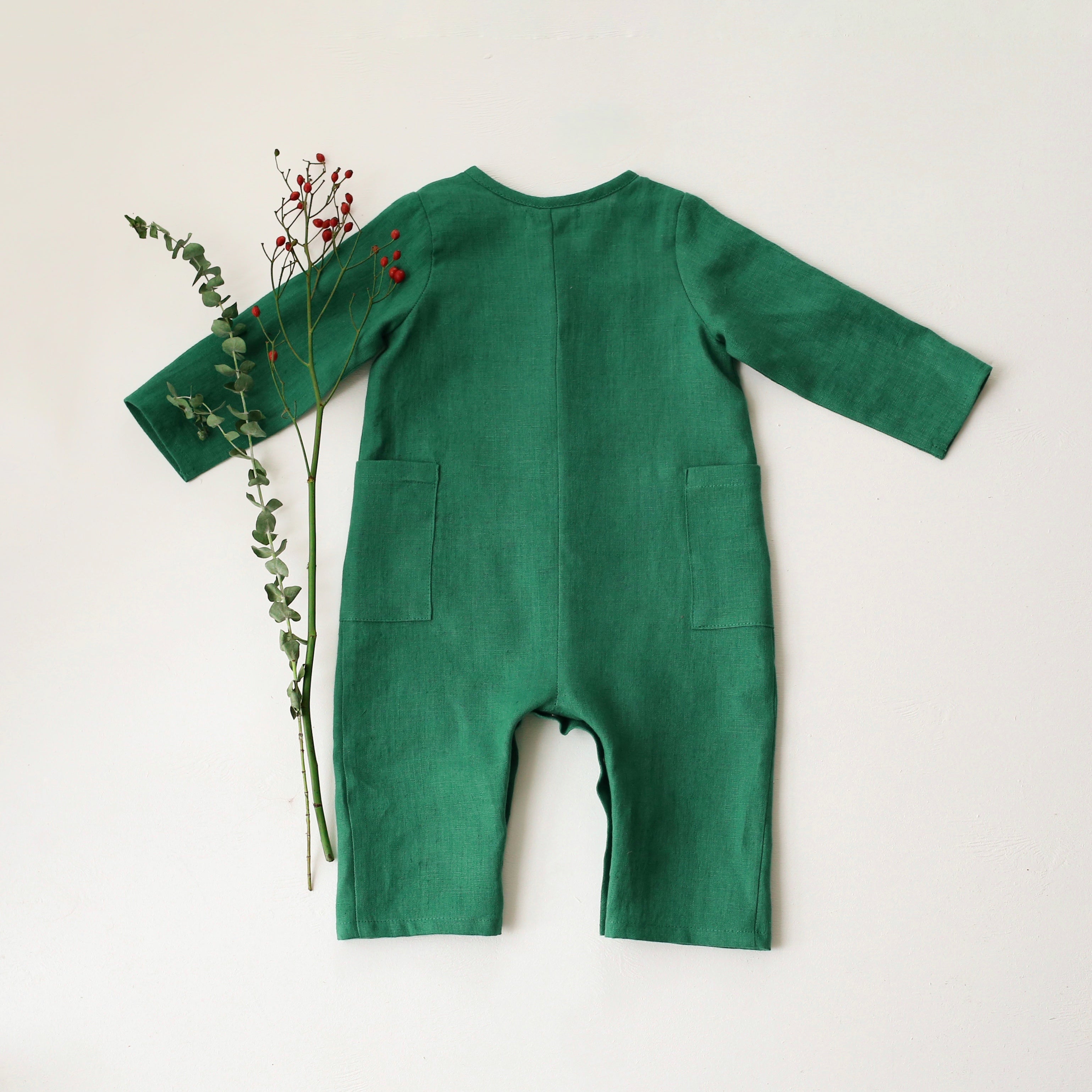 Emerald Green Linen Long Sleeve Buttoned Jumpsuit with "Christmas Candy Cane" Embroidery