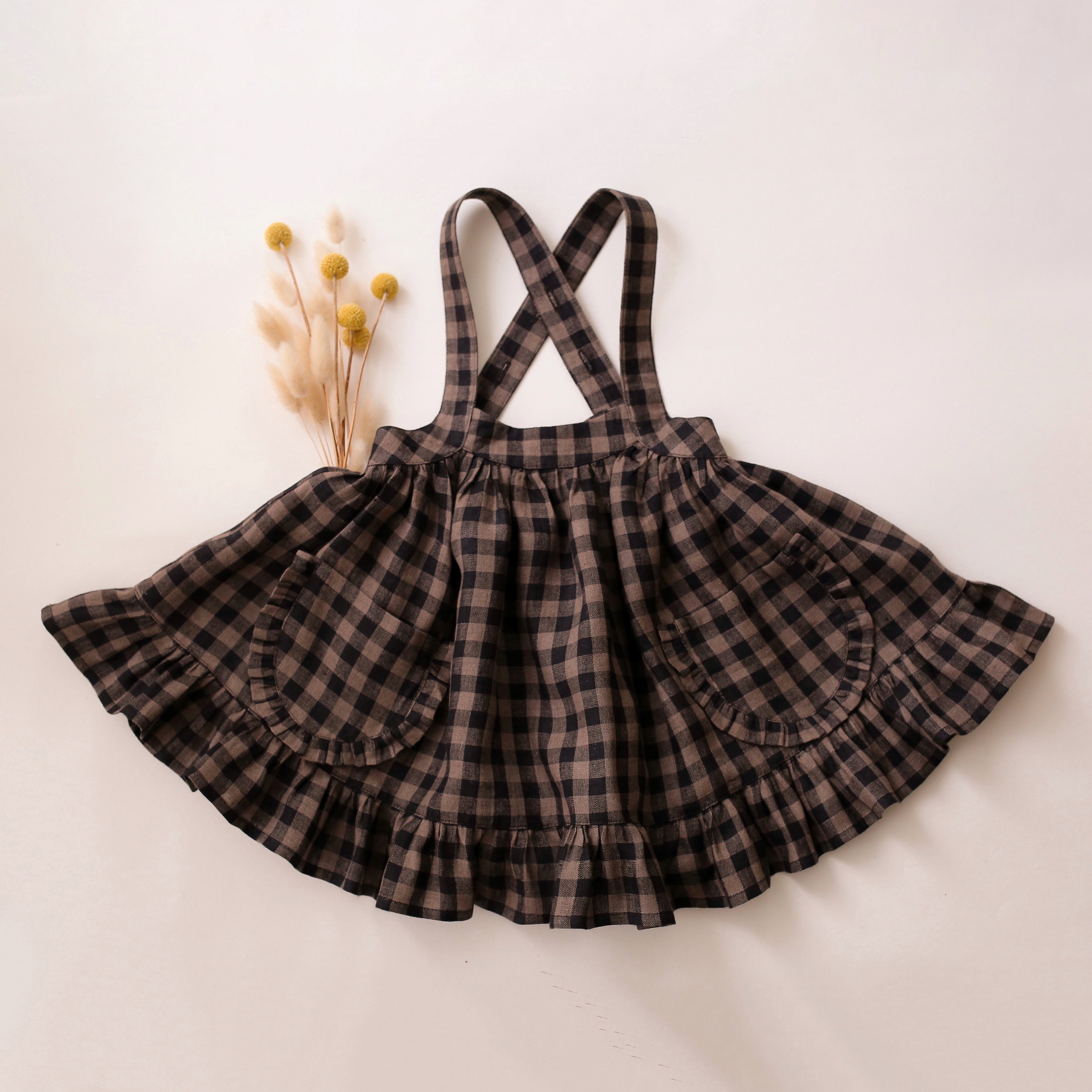 Taupe & Black Check Linen Straps Pinafore with Frills