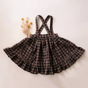 Taupe & Black Check Linen Straps Pinafore with Frills