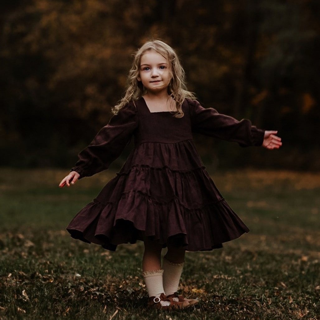 Dark Brown Linen Long Sleeve Tiered Dress with Elastic Casing Back