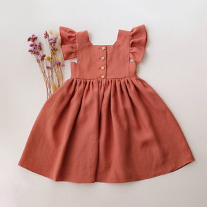 Rose Bouquet Linen Flutter Sleeve Square Neckline Dress with "Echinacea Flowers" Embroidery