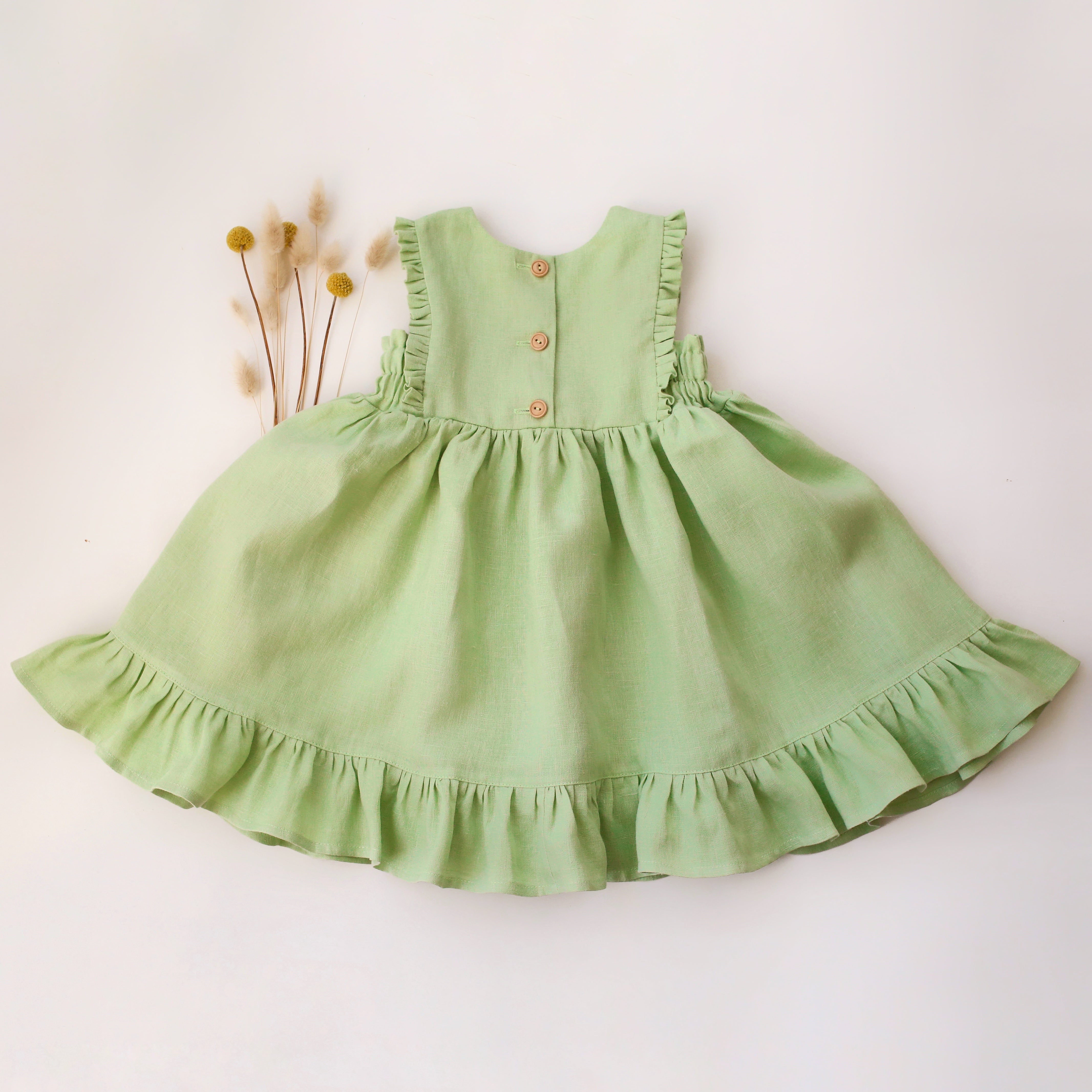 Spring Green Linen Pinafore Dress with Ruffled Hem