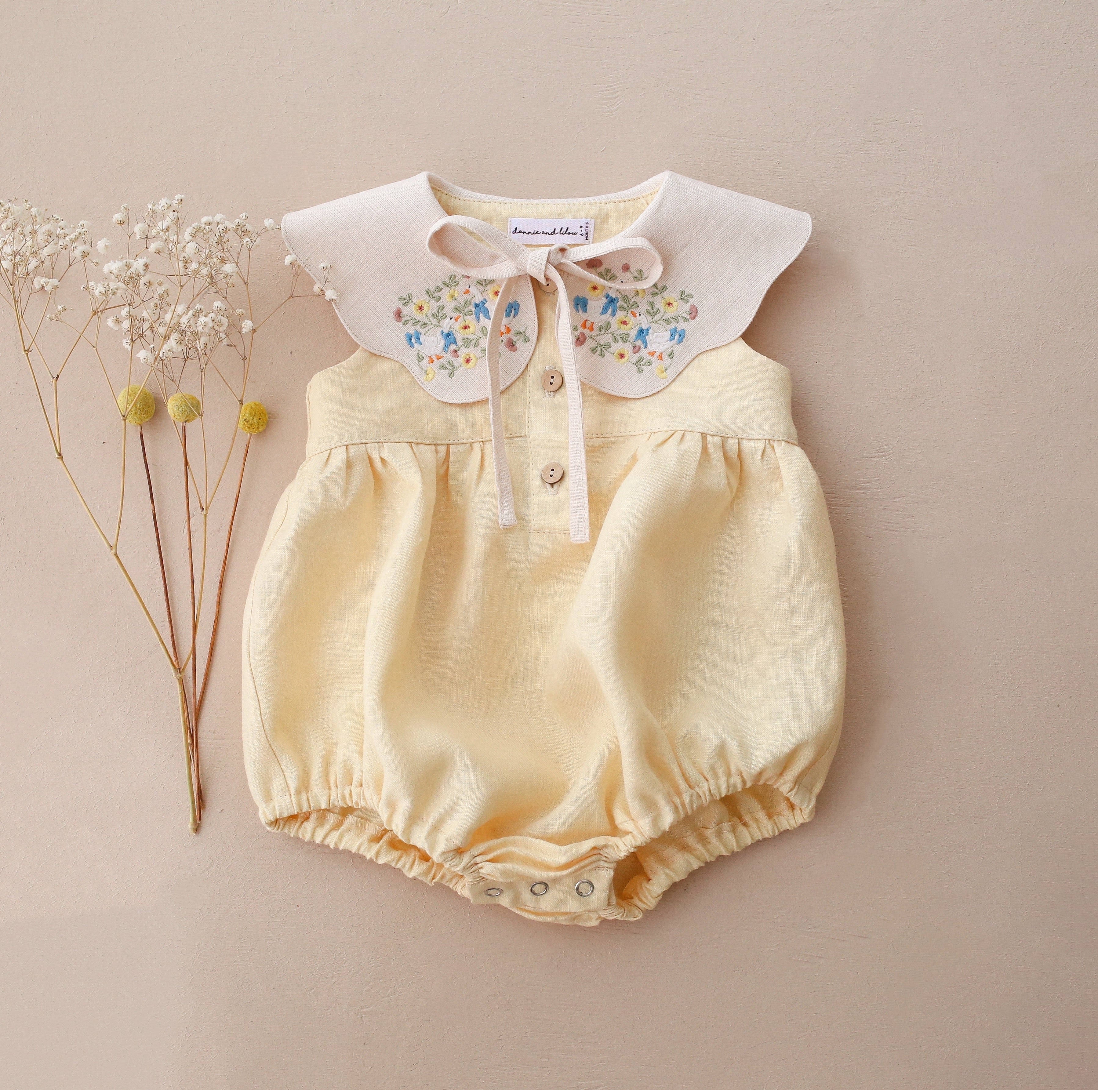 Vanilla Linen Bubble Playsuit with Petal Collar in Ivory Linen with "Geese in Flowers" Embroidery