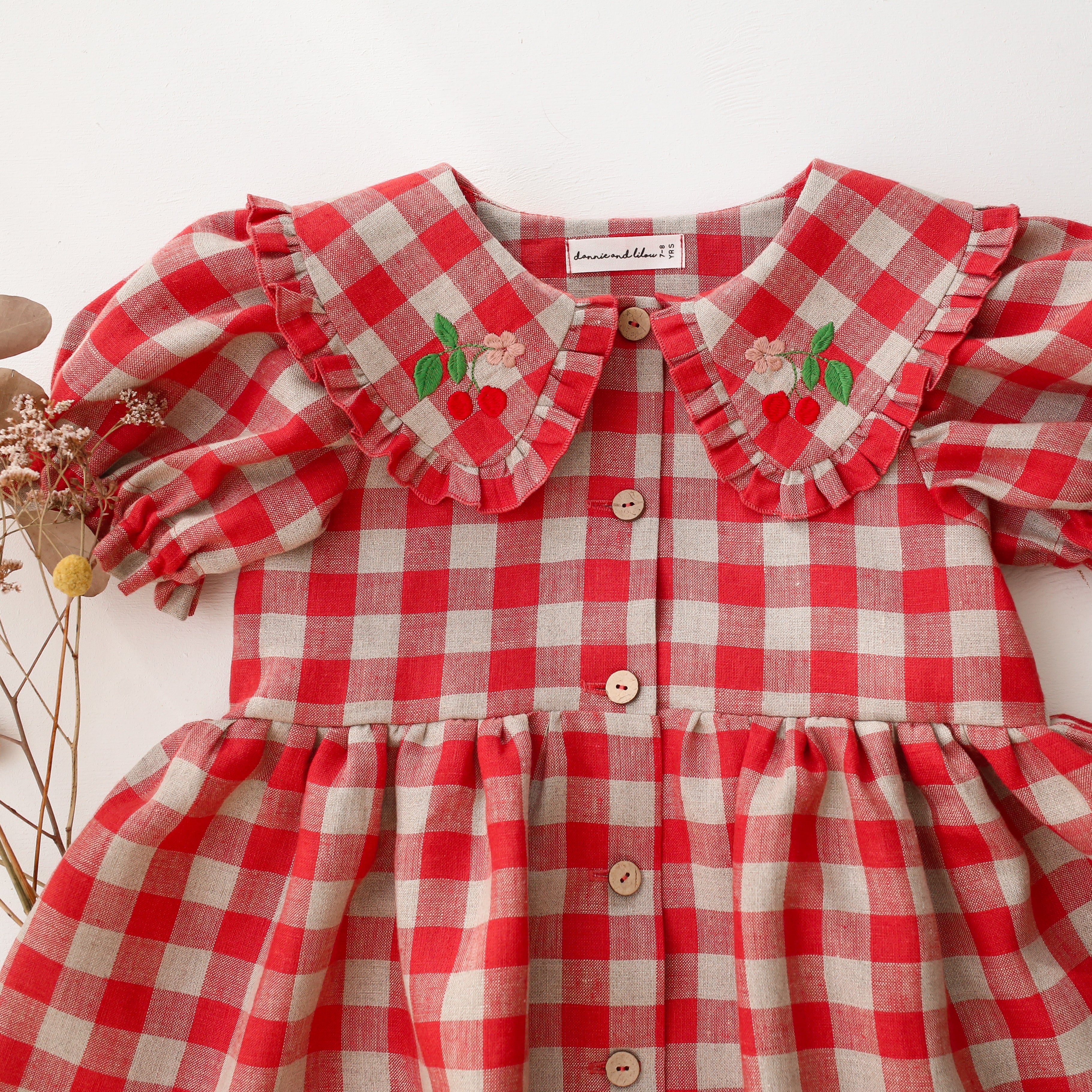 Cherry Check Linen Short Sleeve Frilled Collar Dress with “Cherry” Embroidery