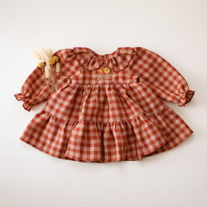 Butternut Check Linen Long Sleeve Peter Pan Collar Tiered Dress with "Autumn Bouquet" Embroidery