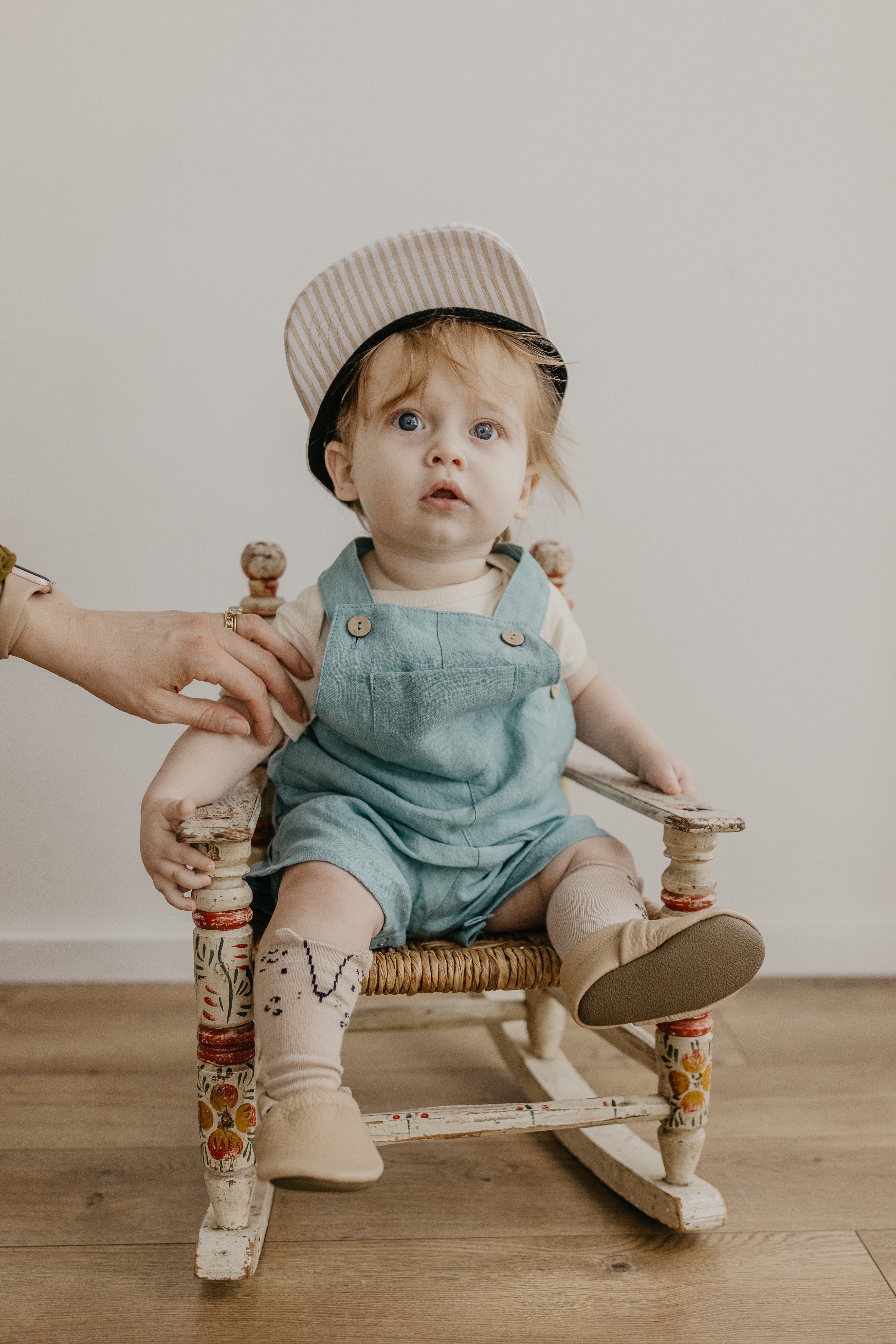 Duck Egg Blue Linen Buttoned Short Dungaree with “Snail on Mushrooms” Embroidery