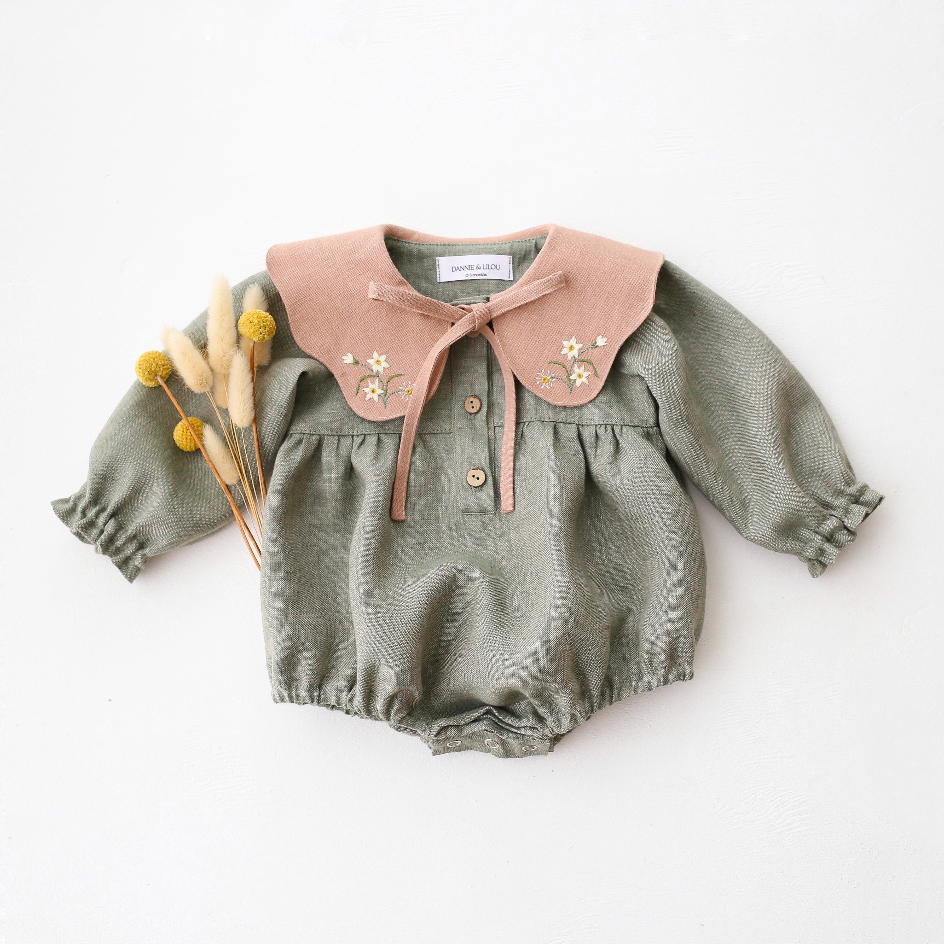 Green Smoke Linen Long Sleeve Bubble Playsuit with Petal Collar in Clay Linen with "Petite Daisy" Embroidery