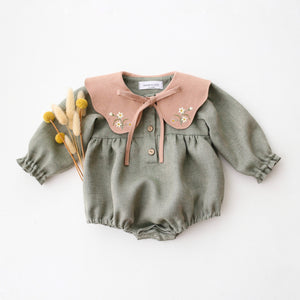 Green Smoke Linen Long Sleeve Bubble Playsuit with Petal Collar in Clay Linen with "Petite Daisy" Embroidery
