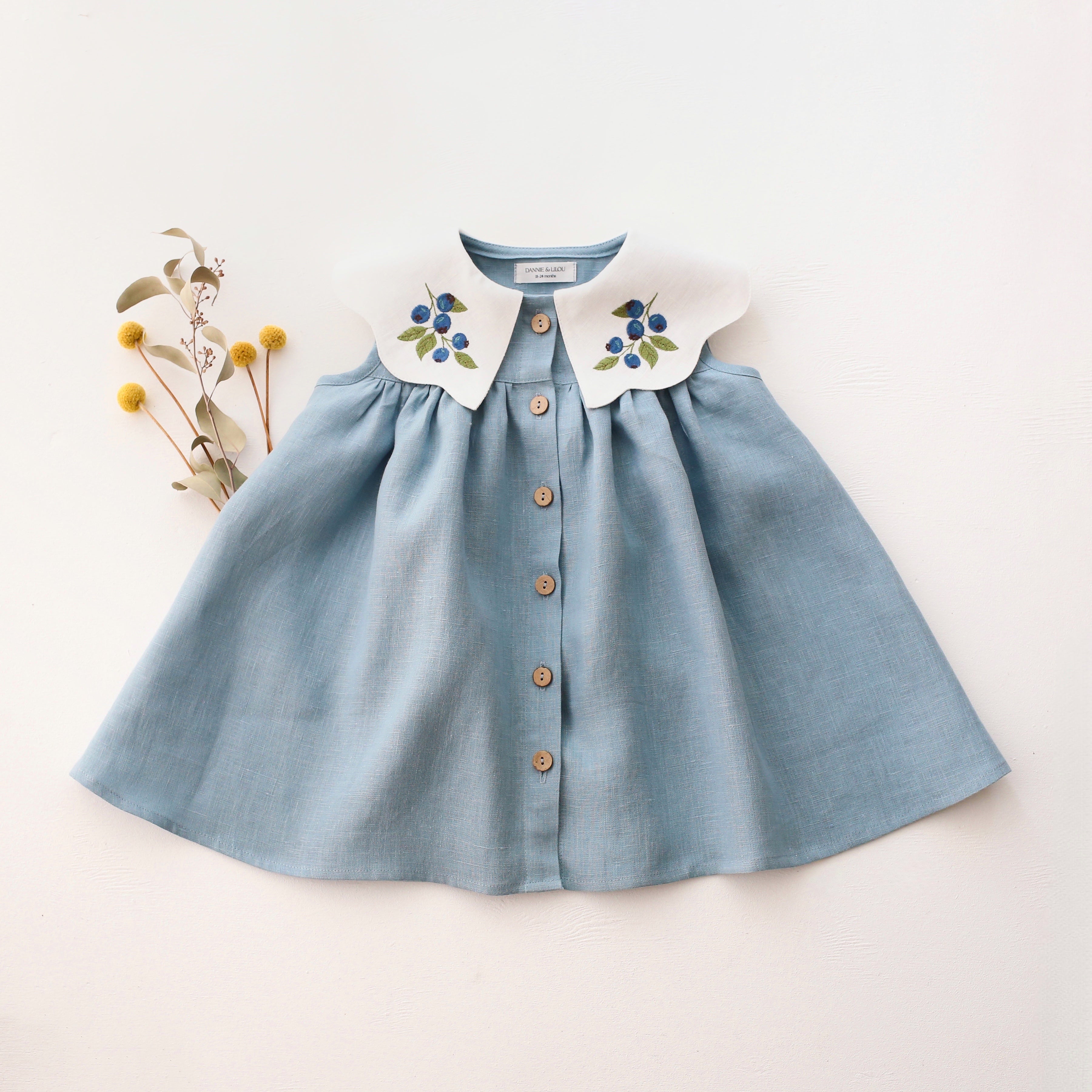 Chalky Blue Linen Button Front Dress with Scalloped Collar in White Li – Dannie and Lilou