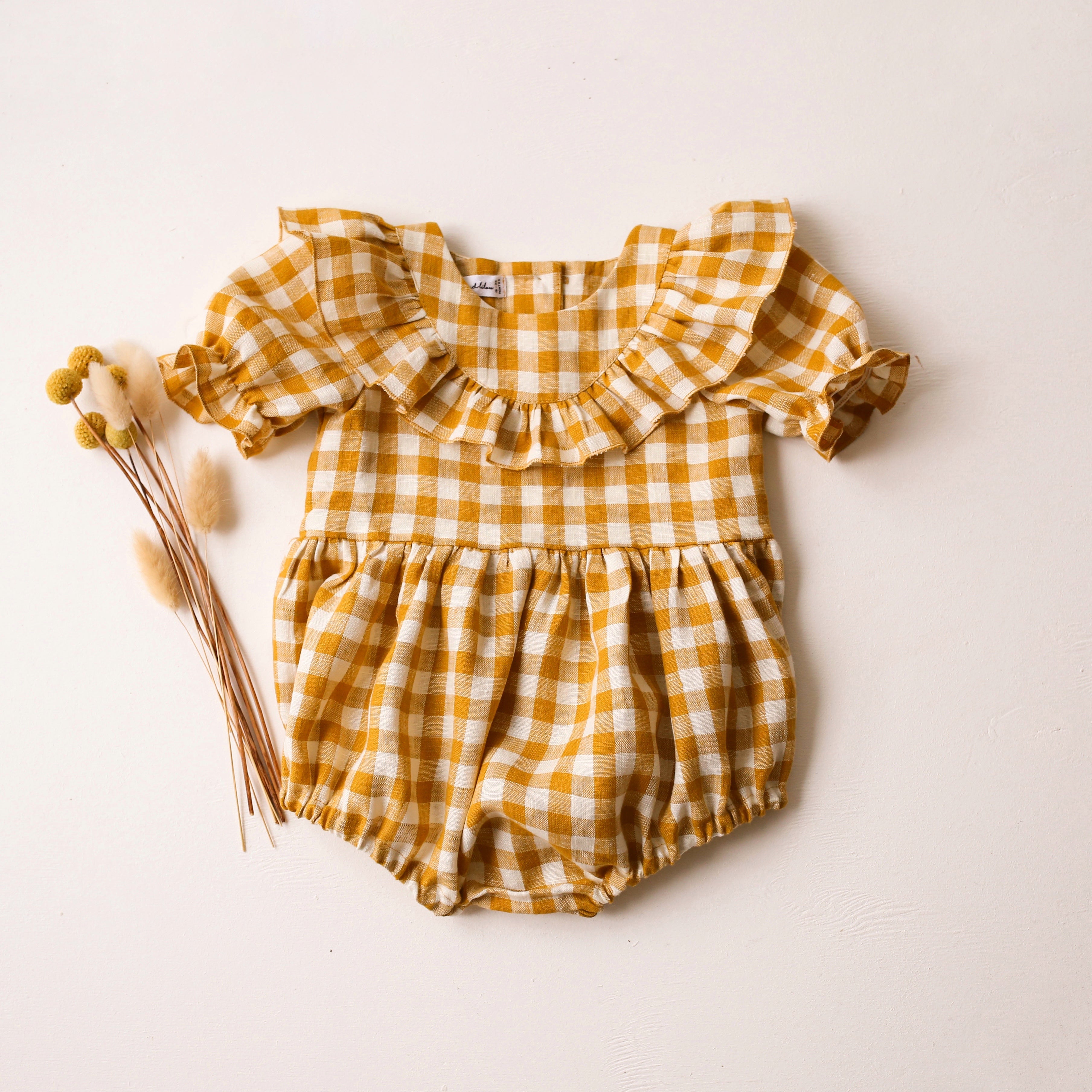 18-24 months - Mustard Yellow Gingham Linen Short Sleeve Flutter Bodice Bubble Playsuit