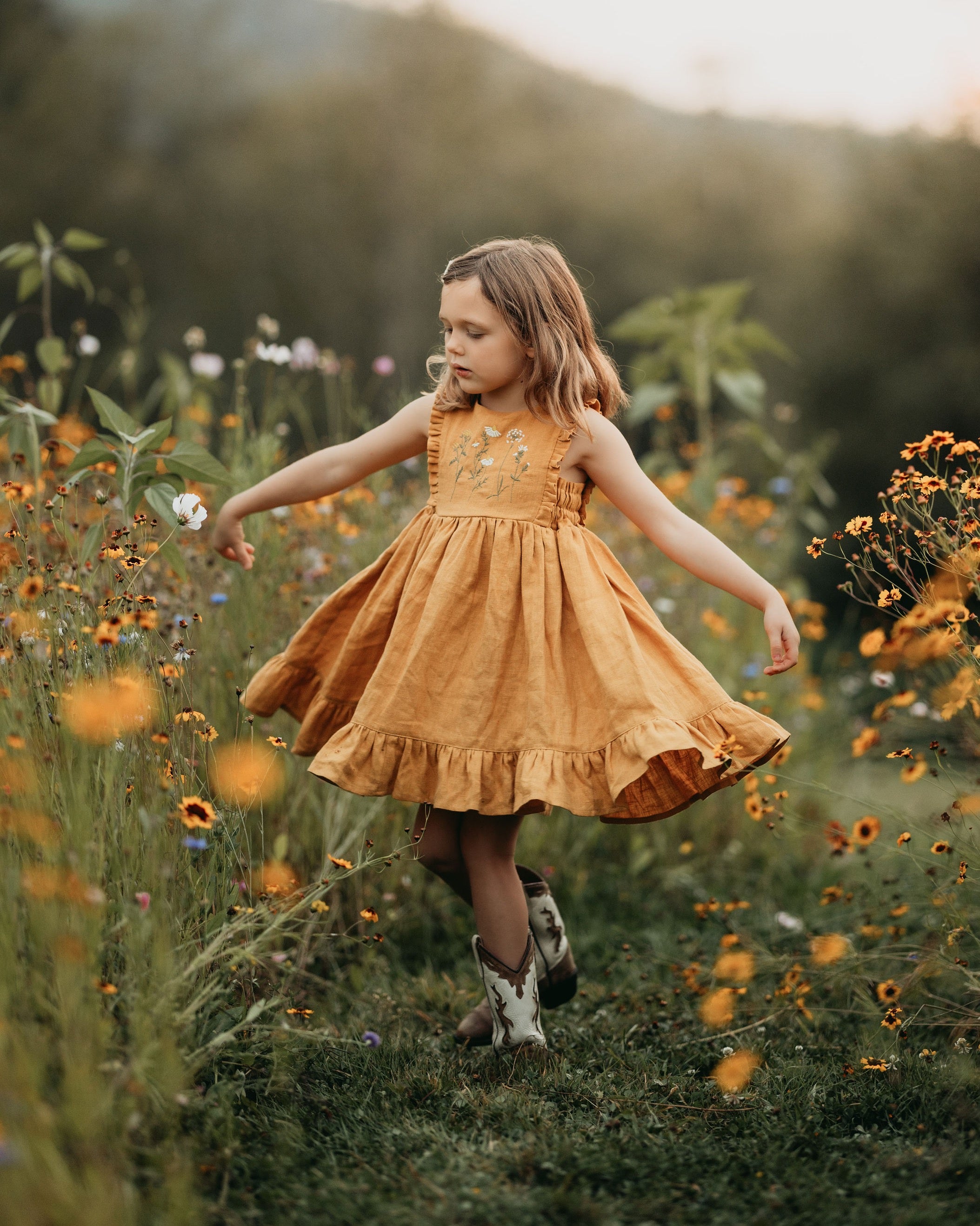 Amber Linen Dress with Ruffled Hem with "Chamomile Flowers" Embroidery