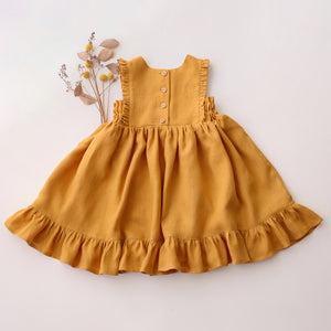 Amber Linen Dress with Ruffled Hem with "Chamomile Flowers" Embroidery