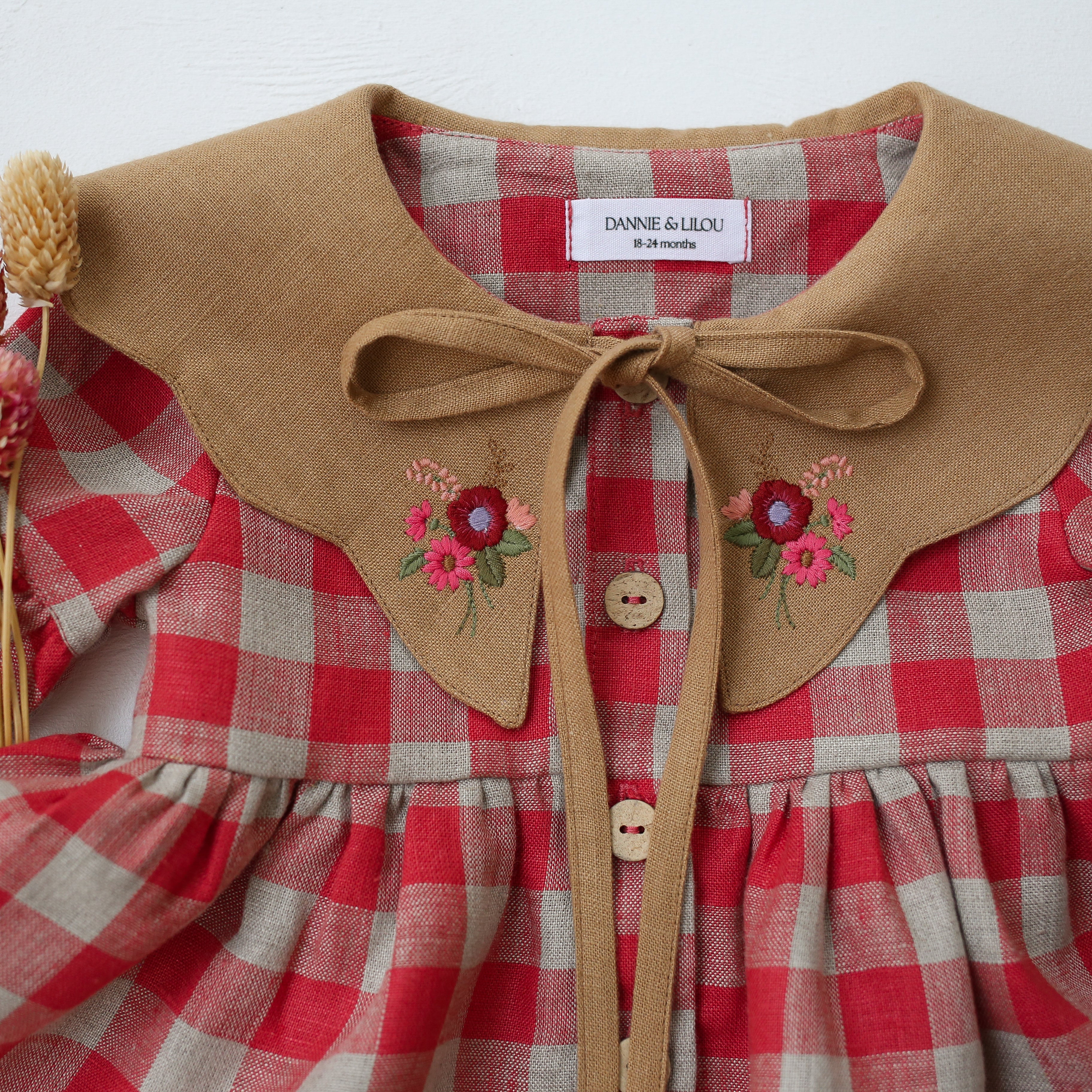Cherry Check Linen Lantern Sleeve Tiered Dress with Scalloped Collar in Latte Linen with "Meadow Posy" Embroidery