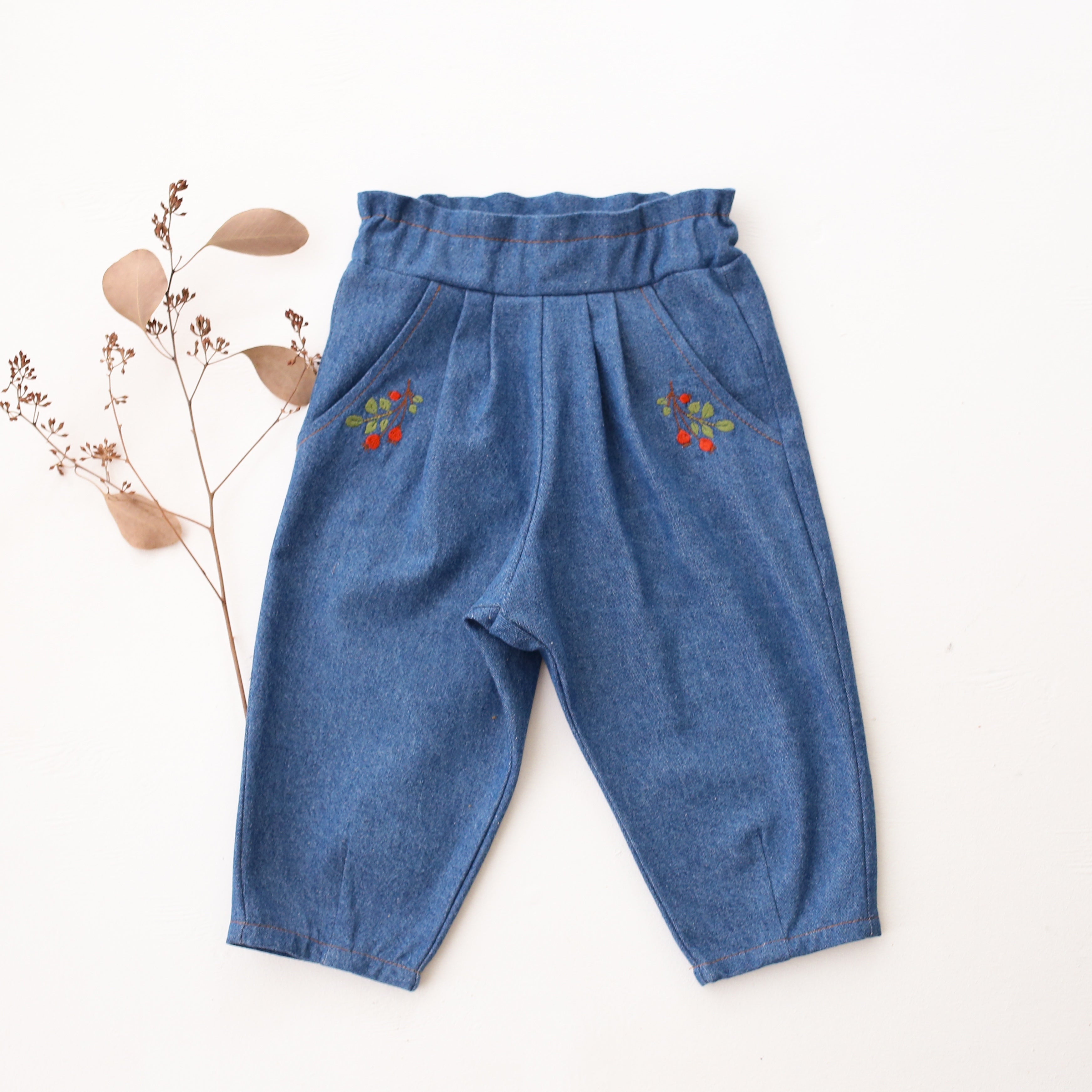 Dark Blue Denim Paperbag Waist Trousers with “Rosehip” Embroidery