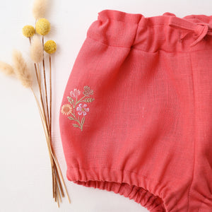 Coral Linen Bubble Shorts with "Petals Harmony" Embroidery
