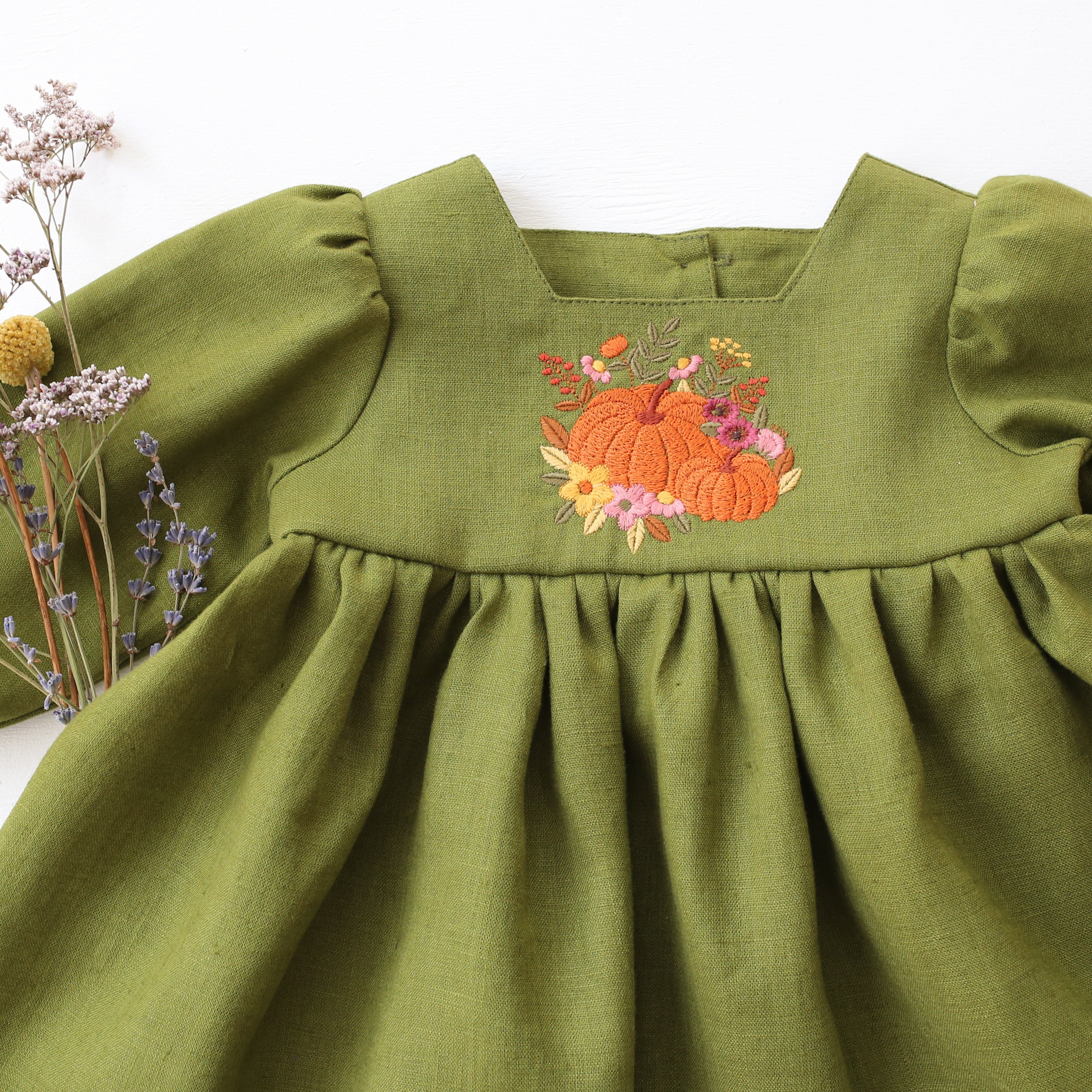 Forest Linen 3/4 Length Sleeve Square Neckline Dress with "Floral Pumpkin” Embroidery