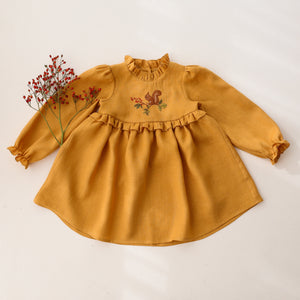 Amber Linen Long Sleeve Circle Skirt Frills Dress with "Squirrel on Berry Branch" Embroidery