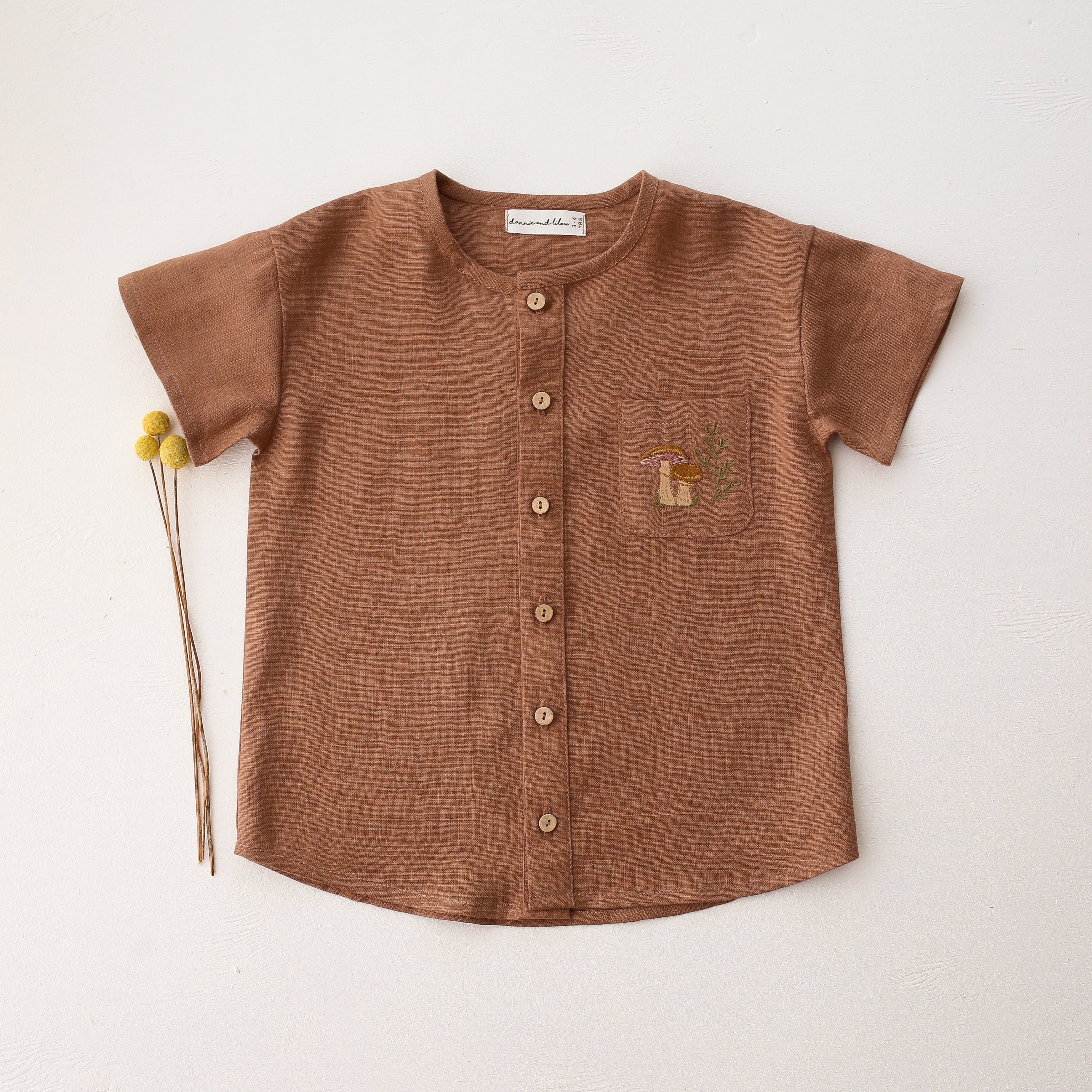 Cocoa Brown Linen Short Sleeve Buttoned Shirt with Pocket with "Mushrooms" Embroidery