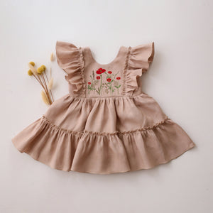 Beige Linen Ruffled Front Tiered Dress with “Poppy Meadow” Embroidery