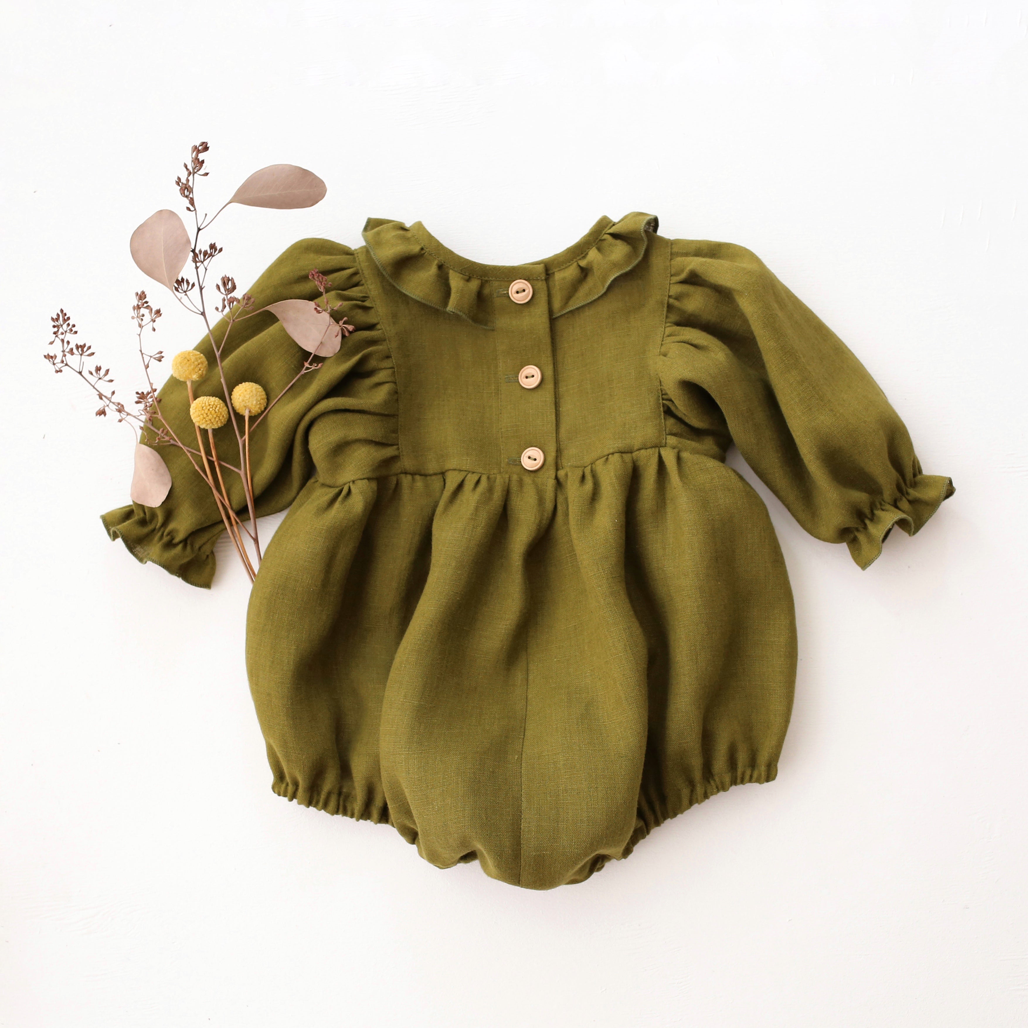 Pine Linen Puff Sleeve Ruffle Collar Bubble Playsuit with "Deer in Berry Wreath" Embroidery