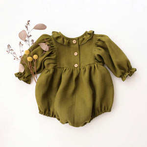 Pine Linen Puff Sleeve Ruffle Collar Bubble Playsuit with "Deer in Berry Wreath" Embroidery