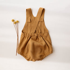 Mustard Linen Front Pocket Straps Romper with "3 Bumblebees" Embroidery