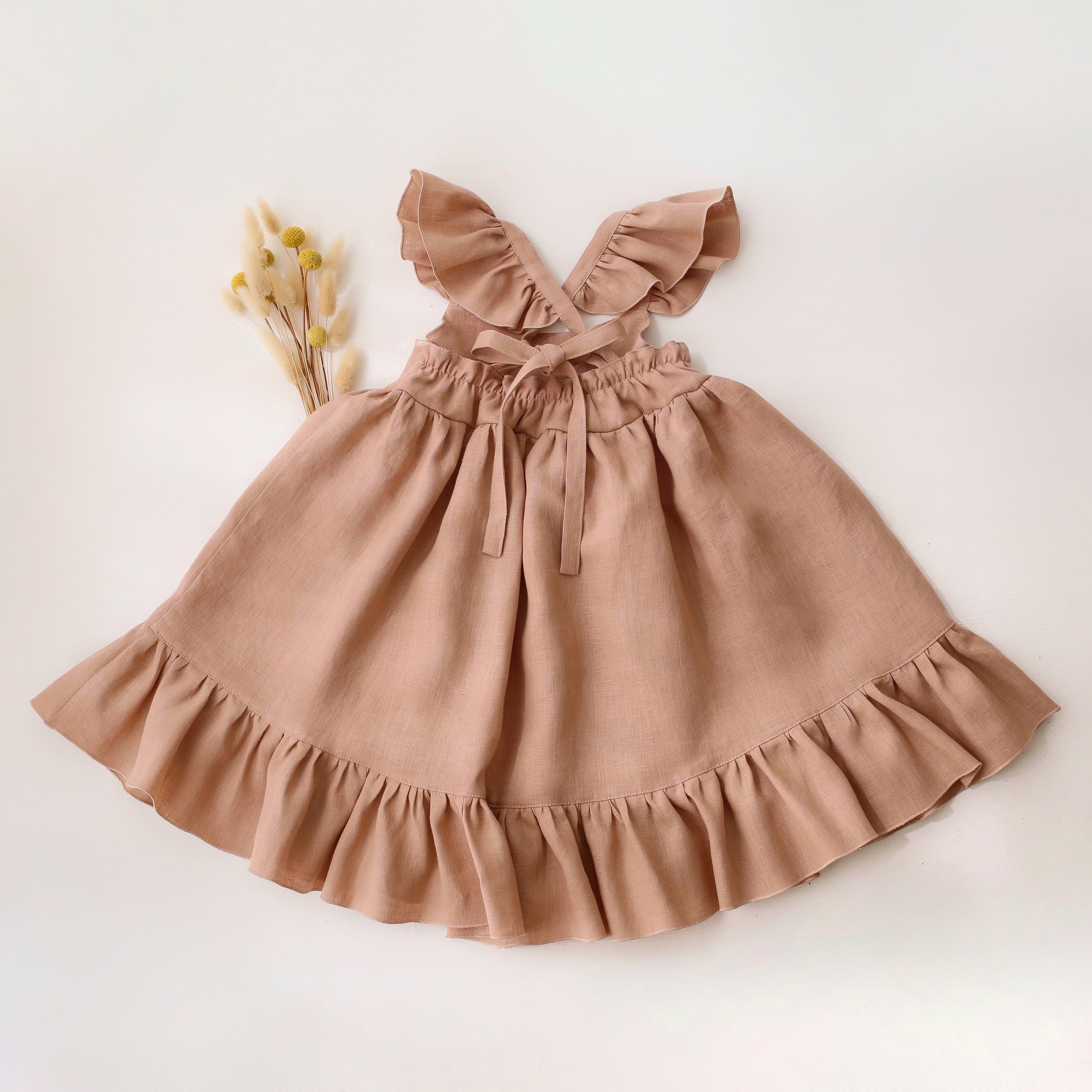 Clay Linen Sundress with Flutter Sleeves with "Poppy Meadow" Embroidery