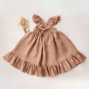 Clay Linen Sundress with Flutter Sleeves with "Poppy Meadow" Embroidery