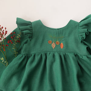 Emerald Green Linen Full Length Flutter Sleeve Tiered Dress with "Christmas Baubles" Embroidery