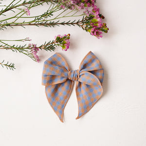 Whimsy Hair Bow in Blue & Peach Gingham Linen