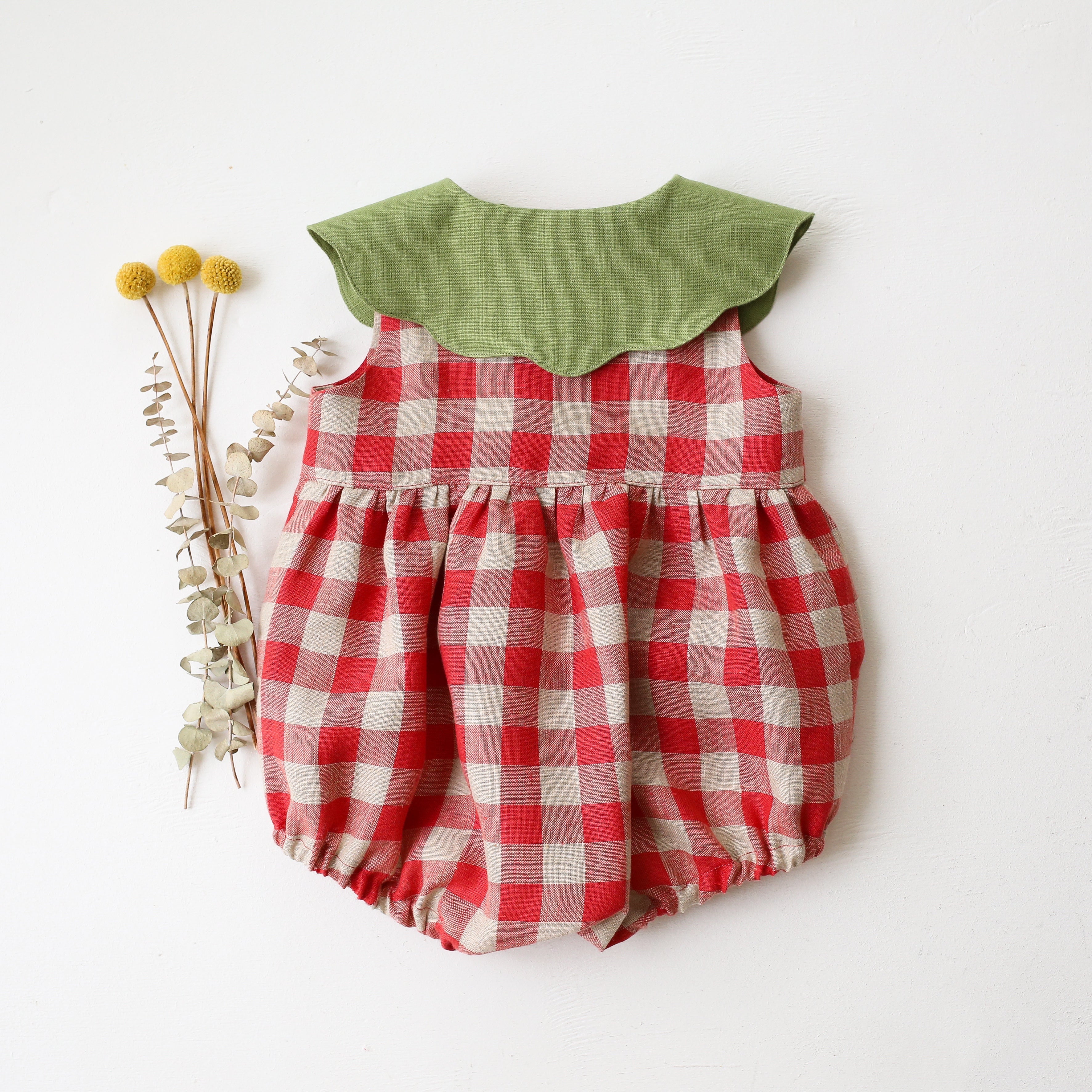 Cherry Check Linen Bubble Playsuit with Petal Collar in Meadow Green Linen with "Strawberry Bouquet" Embroidery