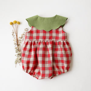 Cherry Check Linen Bubble Playsuit with Petal Collar in Meadow Green Linen with "Strawberry Bouquet" Embroidery