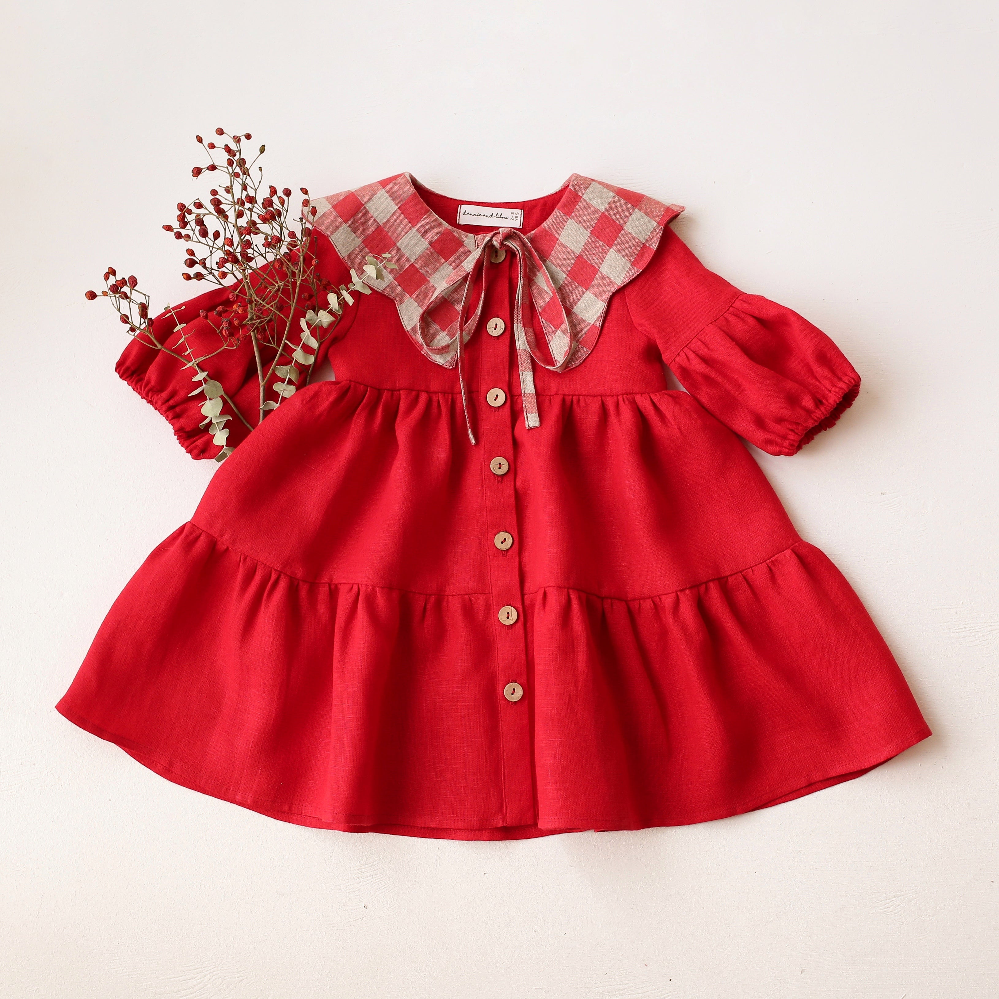 Scarlet Red Linen Lantern Sleeve Tiered Dress with Scalloped Collar in Cherry Check Linen