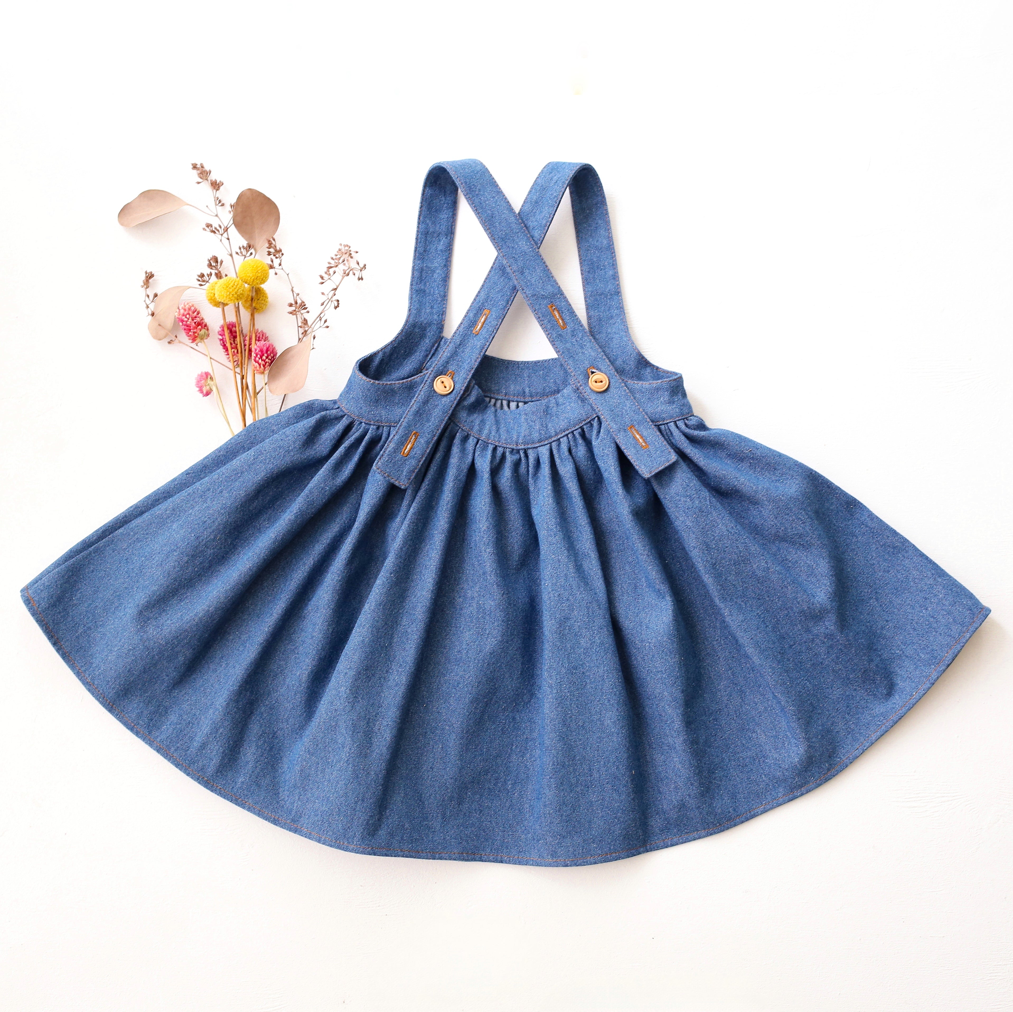 Dark Blue Denim Straps Pinafore with Petal Pockets with “Meadow Posy” Embroidery