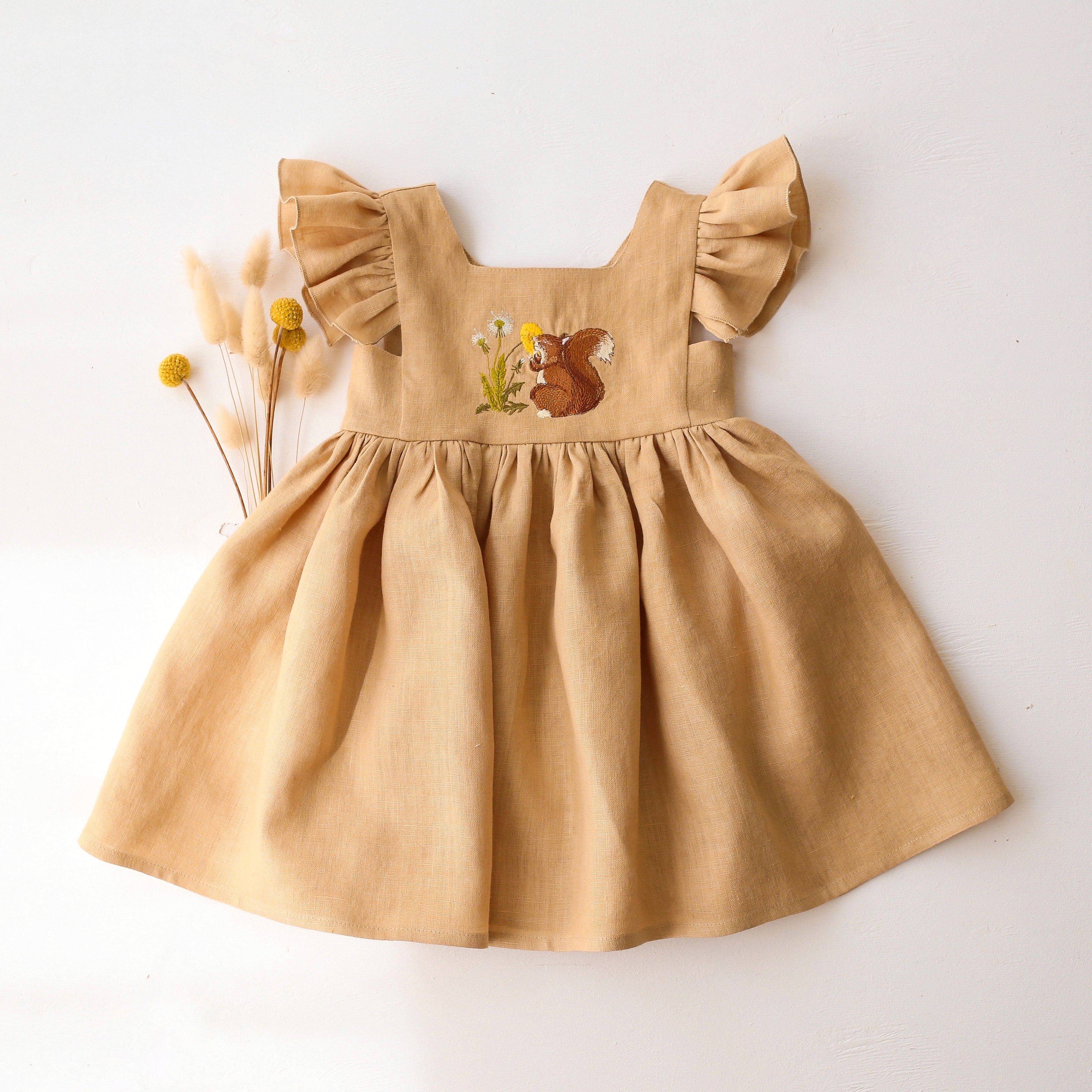 Melon Linen Flutter Sleeve Square Neckline Dress with "Dandelion & Squirrel" Embroidery