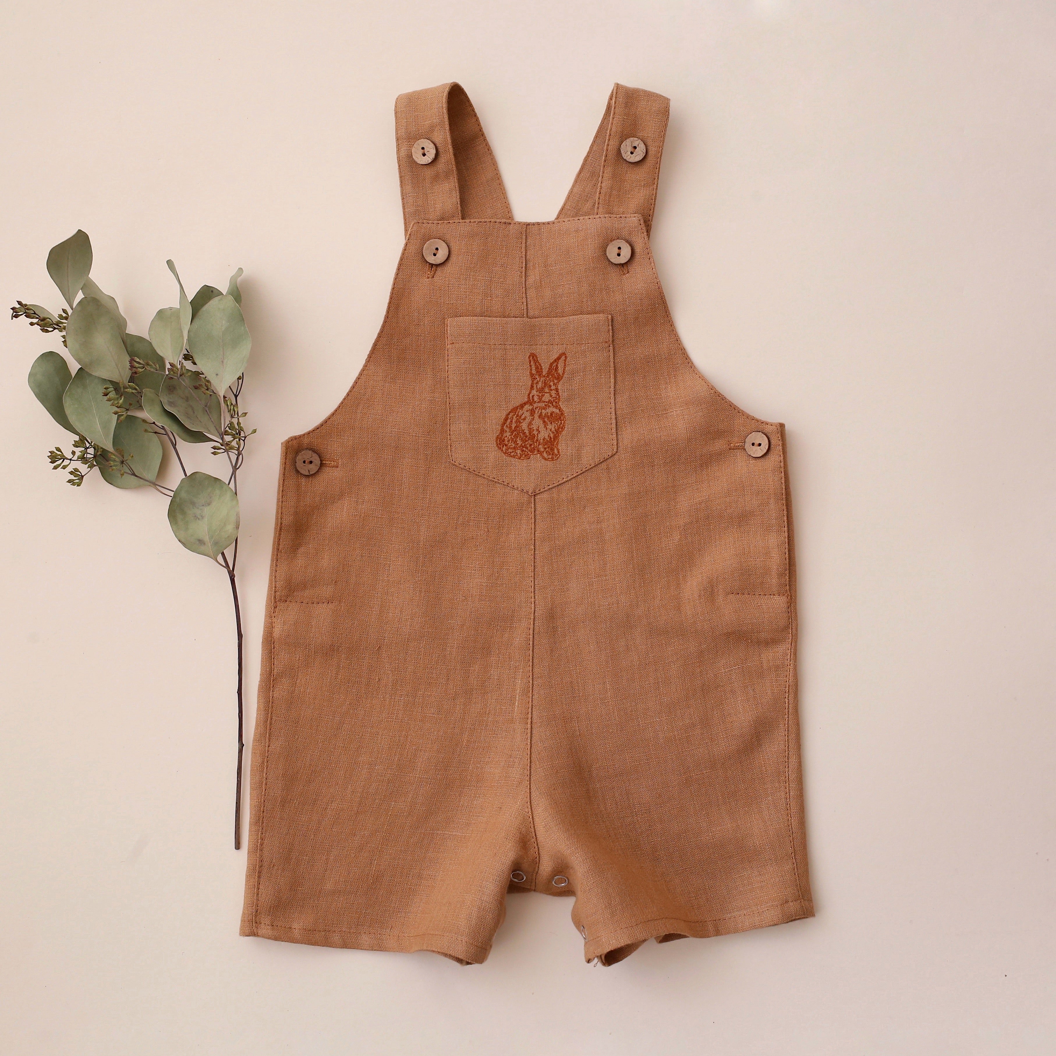 Latte Linen Buttoned Short Dungaree with “Rabbit” Embroidery