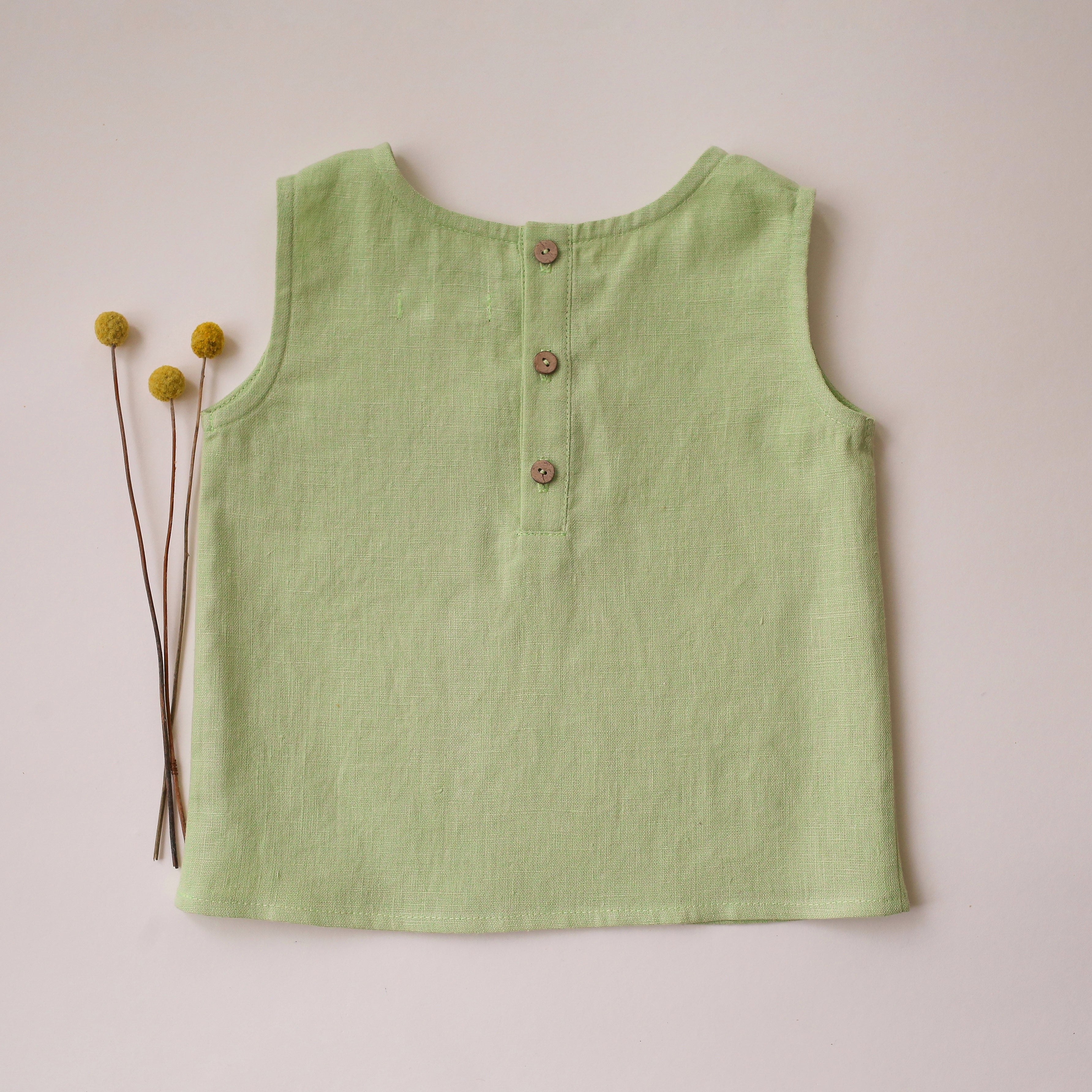 Spring Green Linen Relaxed Fit Tank Top with "Mushrooms" Embroidery