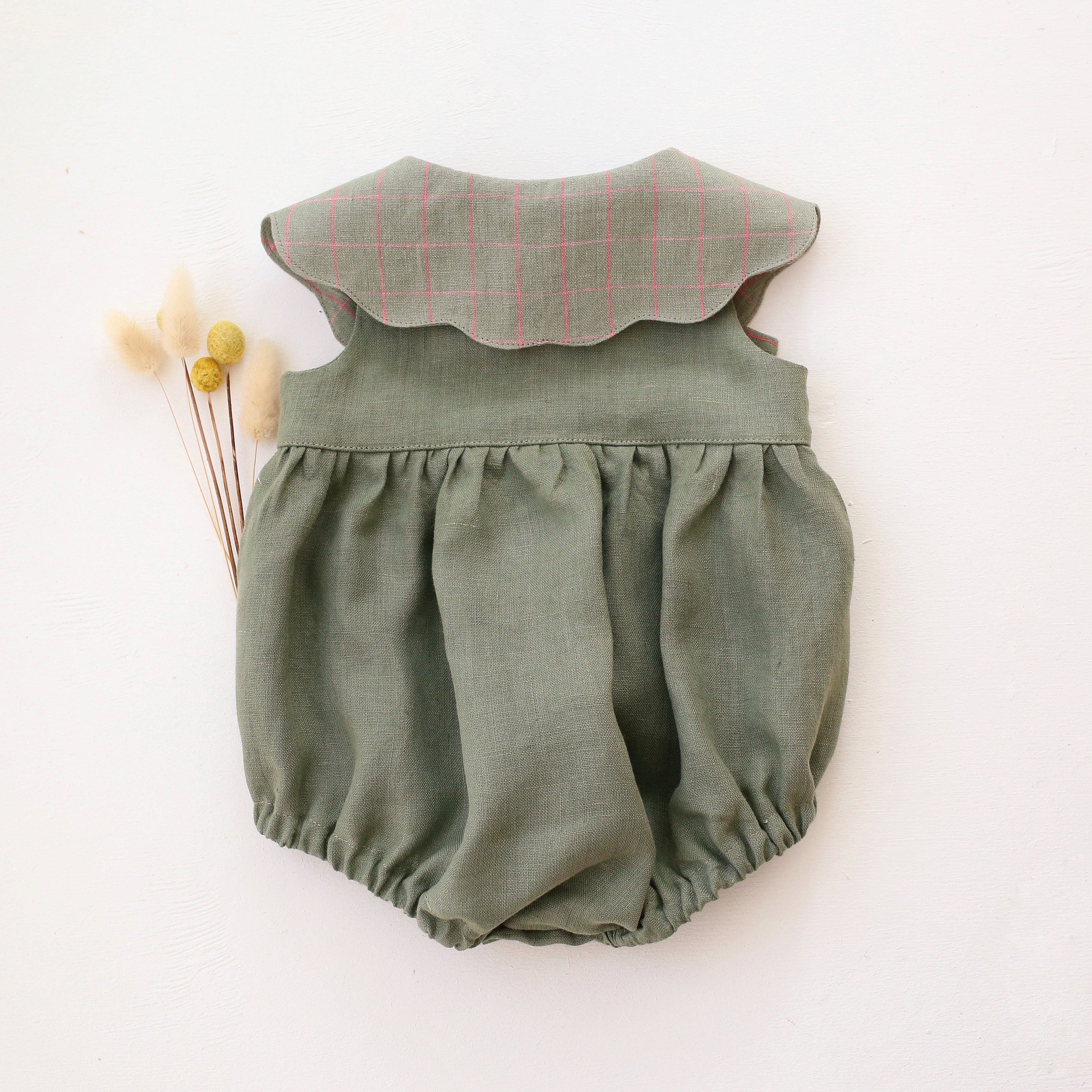 Olive Linen Bubble Playsuit with Petal Collar in Mint & Pink Check Linen with "Strawberry Bouquet" Embroidery